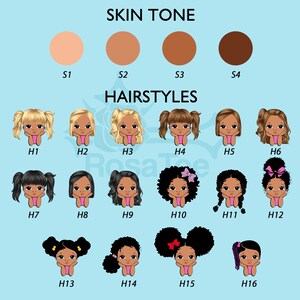 Peut inclure: Un tableau pr&eacute;sentant 16 coiffures diff&eacute;rentes pour une petite fille. Les coiffures sont &eacute;tiquet&eacute;es de H1 &agrave; H16. Il y a &eacute;galement quatre tons de peau diff&eacute;rents &eacute;tiquet&eacute;s de S1 &agrave; S4.