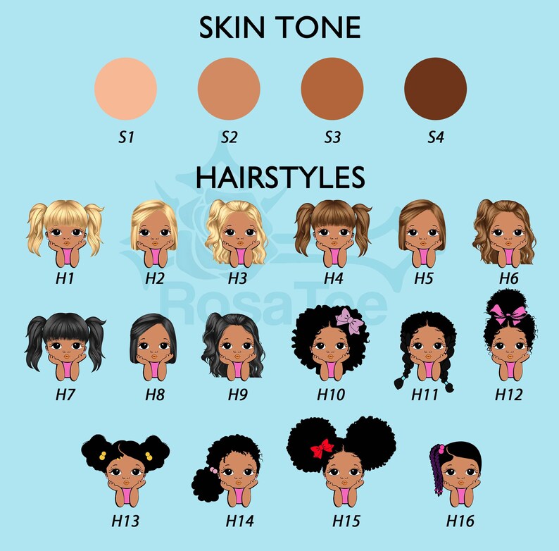 Peut inclure: Un tableau pr&eacute;sentant 16 coiffures diff&eacute;rentes pour une petite fille. Les coiffures sont &eacute;tiquet&eacute;es de H1 &agrave; H16. Il y a &eacute;galement quatre tons de peau diff&eacute;rents &eacute;tiquet&eacute;s de S1 &agrave; S4.