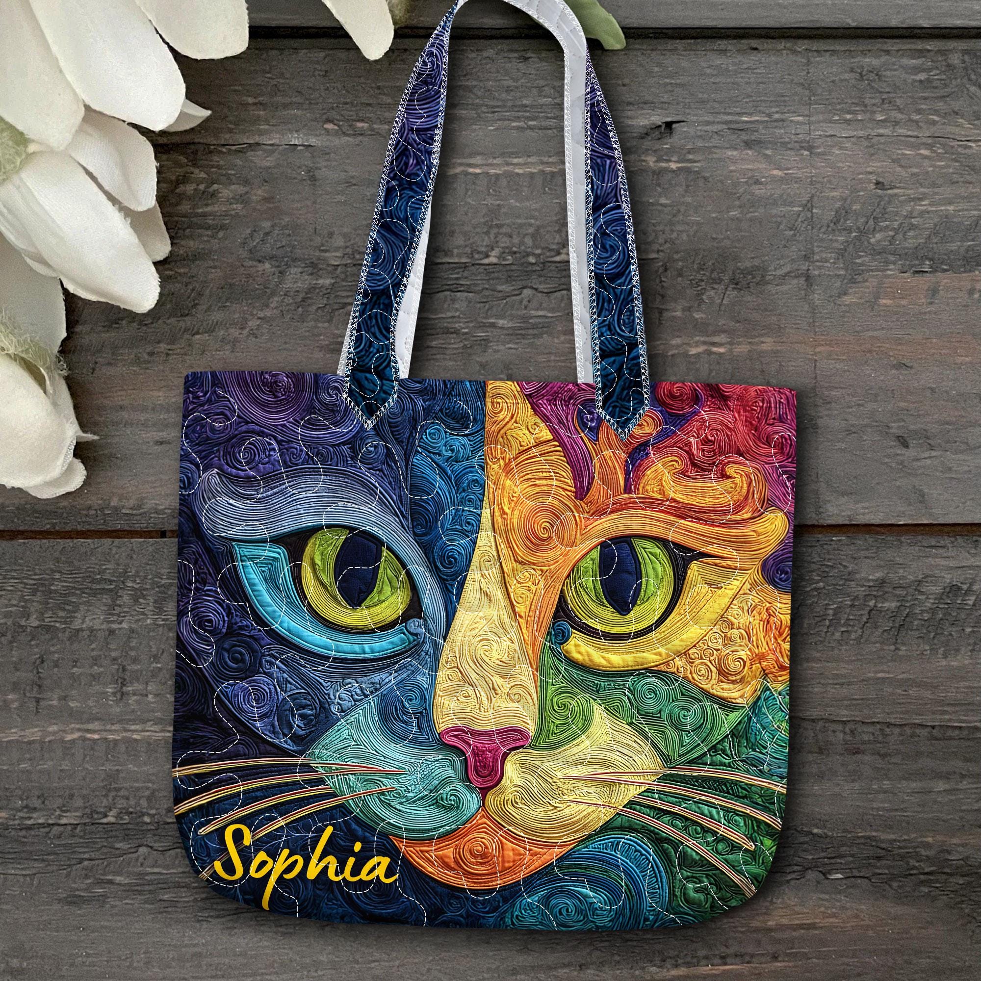 Colorful Swirl Cat Quilted Tote Bag – Rainbow Cat Face Handbag