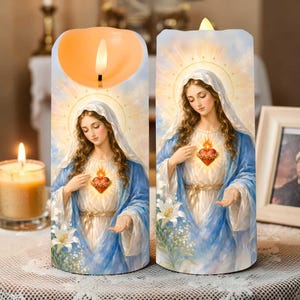 Virgin Mary LED Candle, Sacred Heart Mary Flameless Candle, Catholic Prayer Candle, Religious Home Decor, Christian Memorial Gift Decor