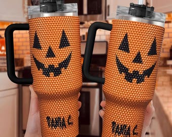 Personalized Orange Pumpkin 40Oz Rhinestone Tumbler, Halloween Bling Tumbler, Halloween Gift Idea, Spooky Season Tumbler, Fall Bling Tumbler