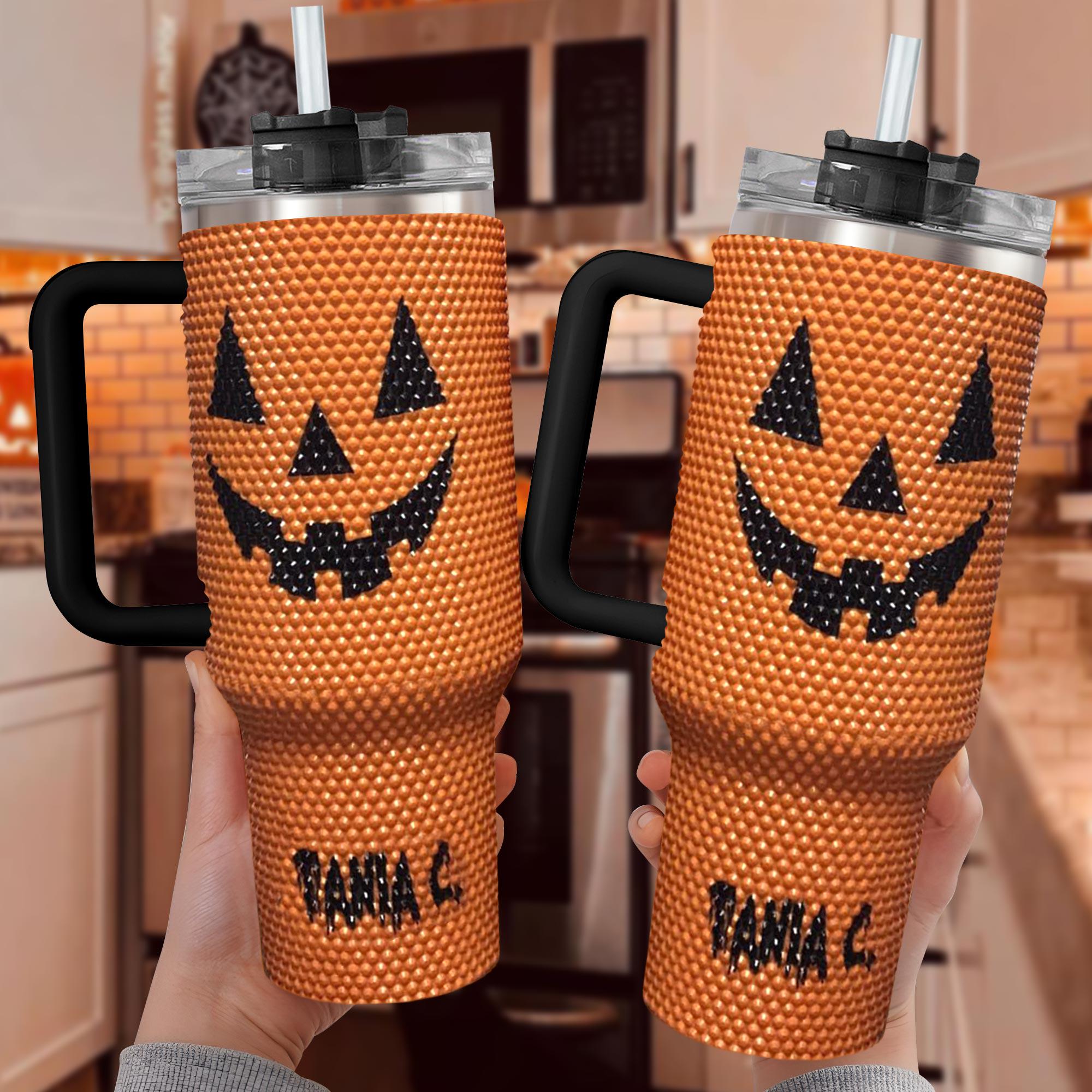 Personalized Orange Pumpkin 40Oz Rhinestone Tumbler, Halloween Bling Tumbler, Halloween Gift Idea, Spooky Season Tumbler, Fall Bling Tumbler