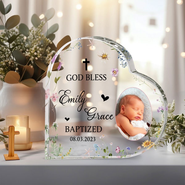 Personalized Baptism Heart Acrylic Plaque, Custom Baptism Gift For Baby Girl, Baby Boy From Godmother, Baptism Gift, Christening Gift Idea