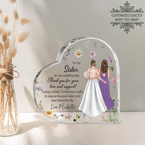 Personalized sister of the bride heart shape acrylic plaque, customized sister of the bride gifts, sister and bride potrait on the wedding