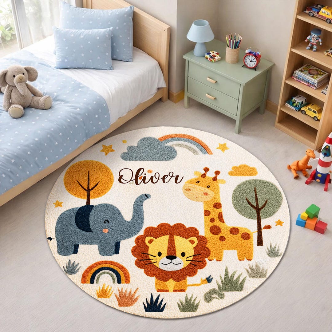 Personalized Safari Animal Round Rug for Kids Room, Cute Lion Elephant ...