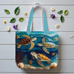 Quilted Sea Turtle Tote Bag – 3D Ocean Marine Life Design – Beach Lover Gift, Colorful Ocean Quilted Bag, Coastal Style Tote Bag