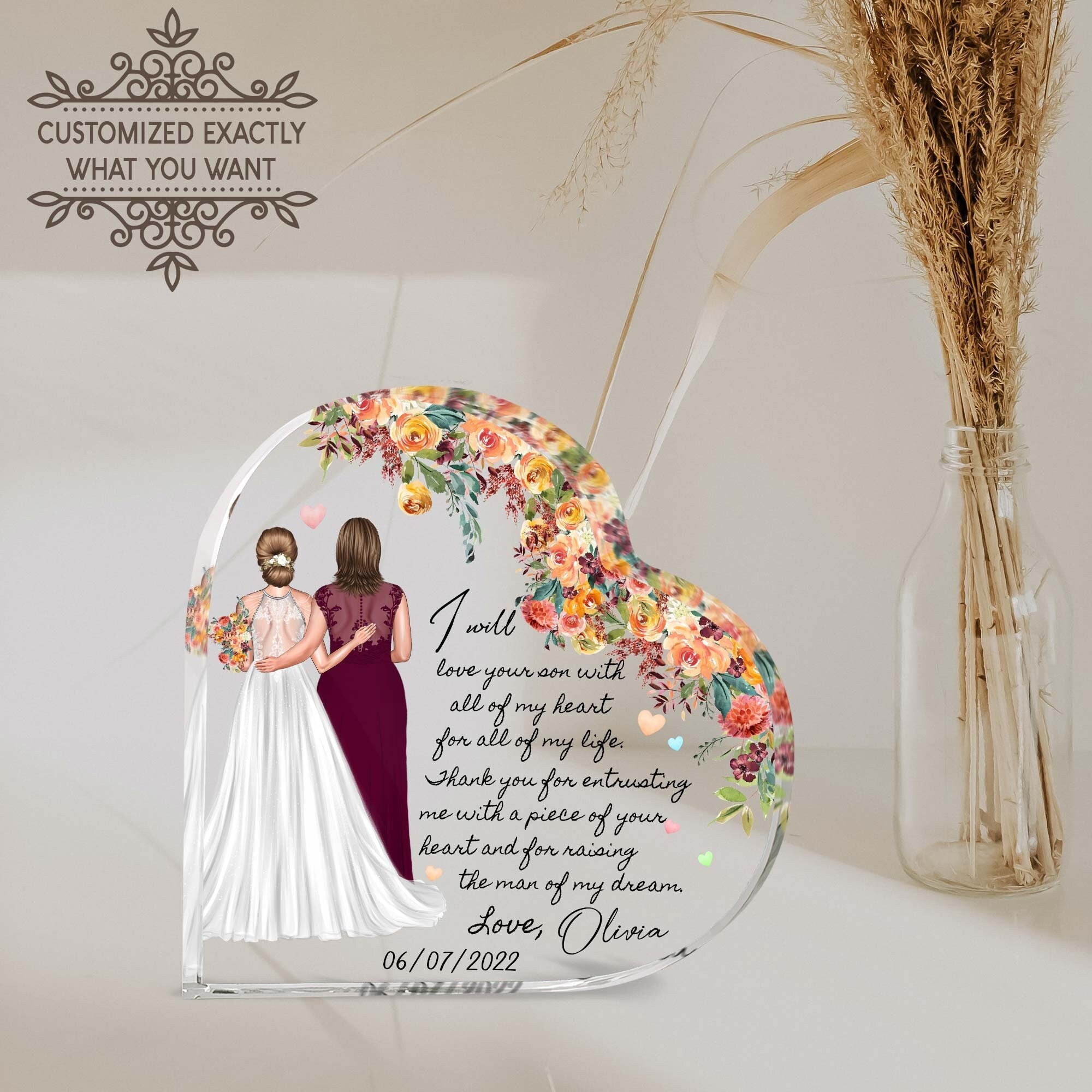 Personalized Bride Mom Grandmother Heart Acrylic Plaque Wedding Cake Topper-custom Dress, Flowers Wedding 3 Generations Gift For Bride, Mom