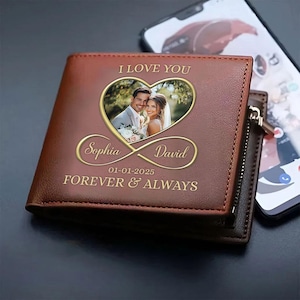 Cartera de cuero con foto personalizada para retrato de boda, regalo de boda para novios, regalo de aniversario, regalo de compromiso para él, regalos para parejas