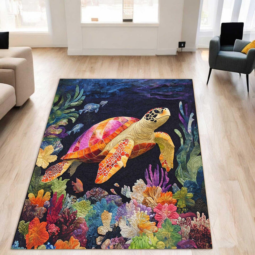 Homefires Turtle Rug Sea Turtle Area Rug, Ocean Coral Reef Rug, Ocean Nautical Home Decor ...