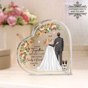 Impression personnalisée des mariés avec plaque acrylique coeur pour animal de compagnie, cadeau d'anniversaire de mariage, souvenir de mariage, cadeau de mariage personnalisé