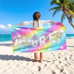 Personalized Unicorn Beach Towel With Name, Unicorn Inspired Towel Beach Towel For Kids, Vacation Towel for Children, Birthday Gift For Kids