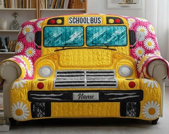 Personalized School Bus Driver Quilted Sofa Cover, School Bus Living Room Decor, Gift For Bus Driver, School Bus Driver Appreciation Gift