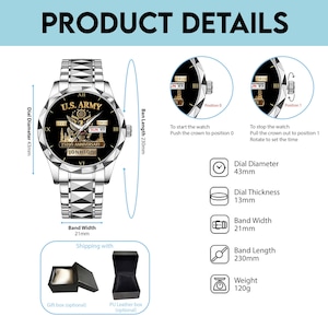 May include: A silver wristwatch with a black face featuring the U.S. Army emblem and the text "250th Anniversary." The watch has a 43mm dial diameter, 13mm thickness, and a 21mm band width. The band length is 230mm, and the watch weighs 120g.