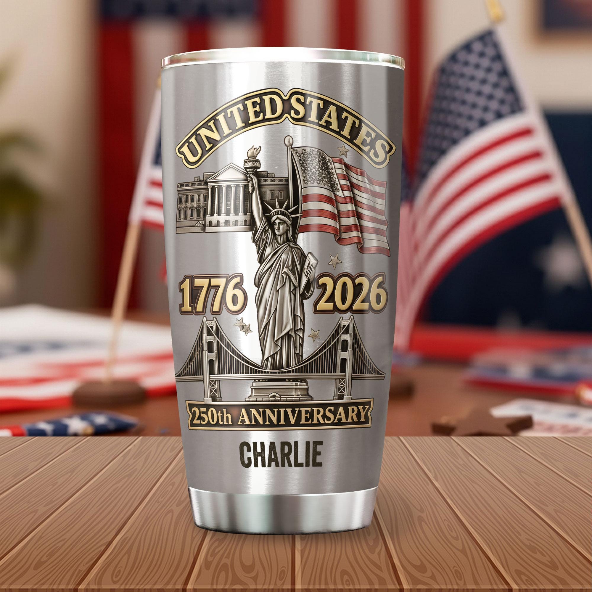 Discover Personalized 2D Flat USA 250th Anniversary 20 OZ Tumbler, Custom Name Patriotic Stainless Steel Cup, 17762026 America Independence Gift