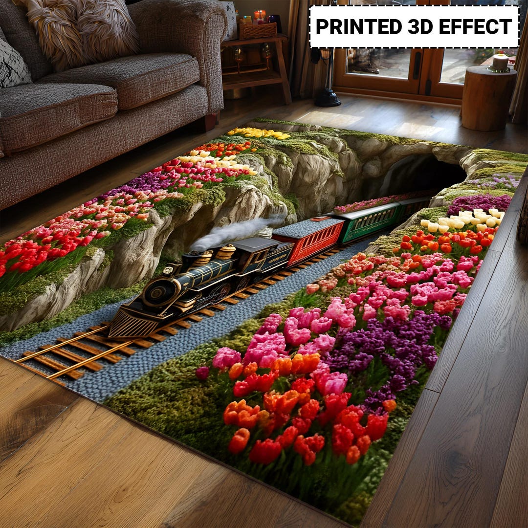 Ariva Train Rug 3D Effect Printed Train Tunnel & Colorful Tulips, Landscape Area Rug ...