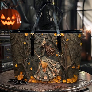 Personalisierte Hexe Print 3D Kunst Leder Einkaufstasche, gruselige Halloween Taschen, Süßes oder Saures Halloween Taschen, Witchy Gothic Taschen