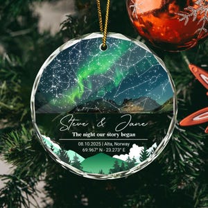 Personalized Constellation Star Map Glass Ornament, Custom Night Sky By Date Ornament, Night Sky Celestial Map Ornament, Xmas Couples Gift