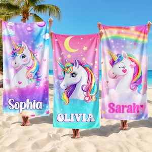 Personalized Unicorn Beach Towel With Name, Unicorn Inspired Towel Beach Towel For Kids, Vacation Towel for Children, Birthday Gift For Kids