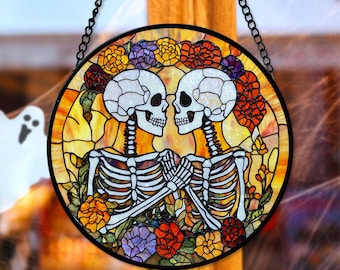 Skeleton Couple Faux Glass Suncatcher, Halloween Wedding Decor, Halloween Wedding Gifts, Gothic Wedding Decor, Anniversary Gifts