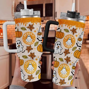 Vaso de 40 oz con diamantes de imitación Spooky Vibe, vaso con adornos de Halloween, idea de regalo de Halloween, regalo de temporada espeluznante, taza de otoño, vaso con adornos de calabaza fantasma