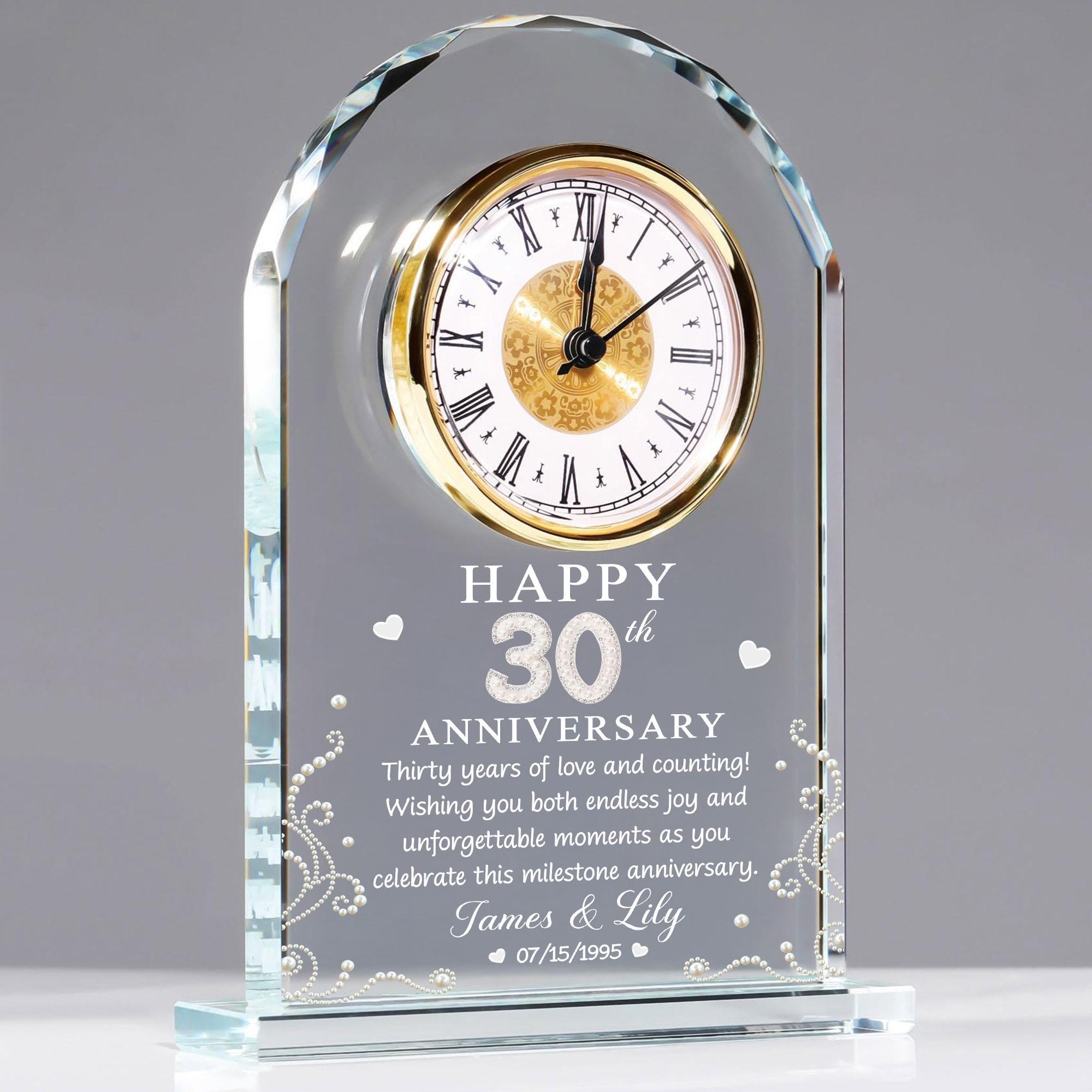 Personalized 30th Pearl Wedding Anniversary Acrylic Desk Table Clock, 30 Pearl Wedding Gift For Parents, Pearl 30th Anniversary Gift