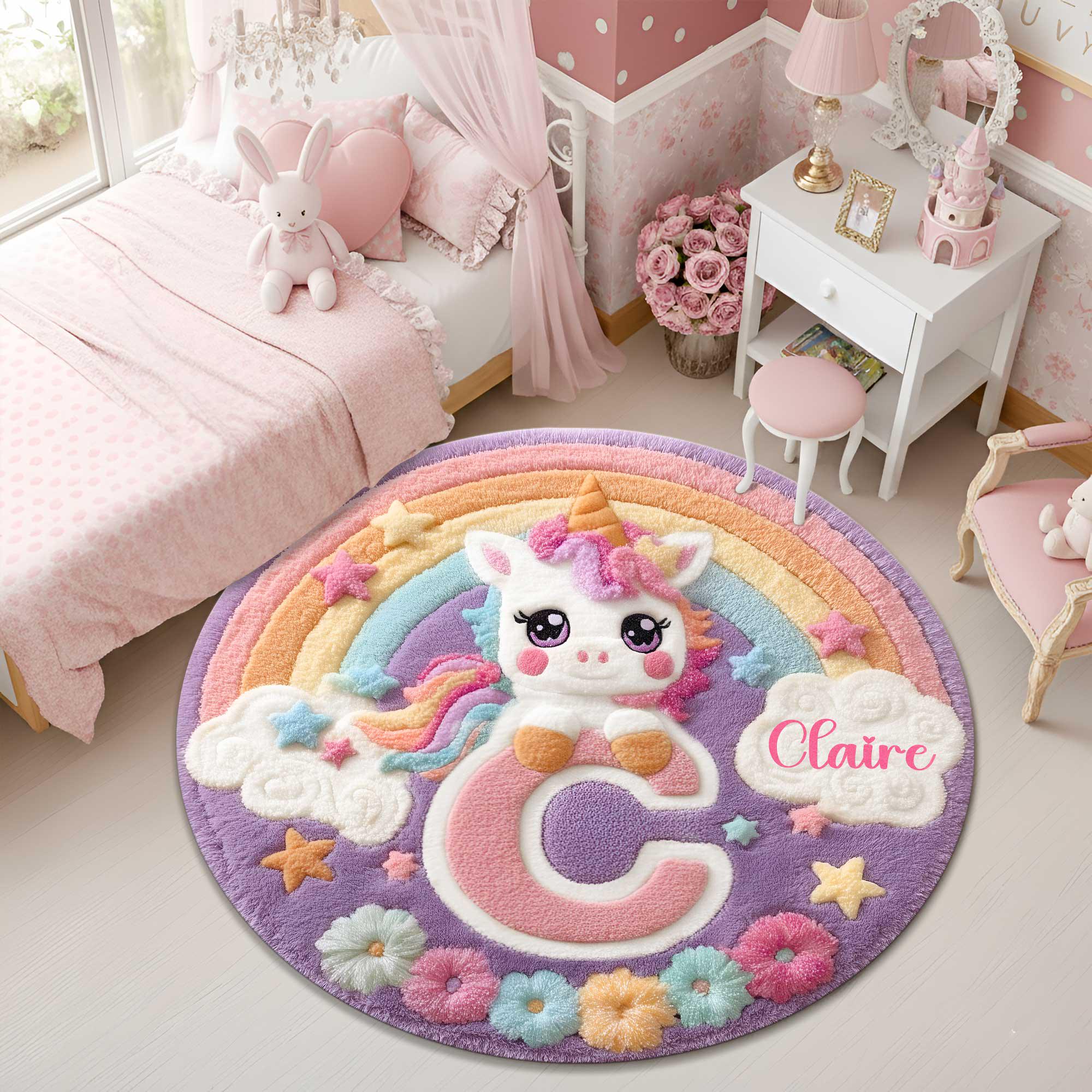 Personalized Unicorn Round Rug for Girls, Cute Rainbow Nursery Rug With ...