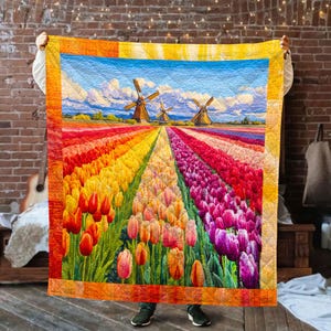 Colorful Tulips Quilt Blanket, Tulip Flower Blanket For Her, Tulip Lover Gift, Mother&#39;s Day Gift For Mom or Grandma, Floral Blanket