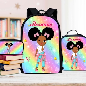 Sac à dos personnalisé pour la rentrée des classes pour enfants afro-américains, sac à lunch petite fille noire, trousse à crayons, cadeaux de rentrée des classes pour enfant noir