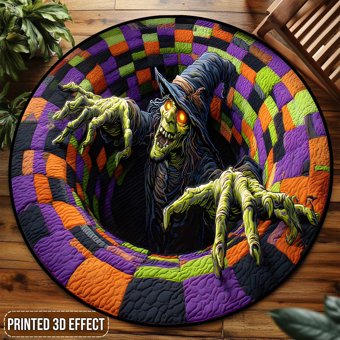 May include: A round Halloween rug with a 3D effect. The rug features a witch emerging from a colorful, checkered vortex of purple, orange, green, and black. The witch has green skin, a black hat, and outstretched hands. The words 'PRINTED 3D EFFECT' are at the bottom.