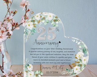 Personalized 25th Wedding Anniversary Gift Heart Acrylic Plaque, 25 Silver Wedding Gifts For Parents, Silver Anniversary Gift, Husband Gift
