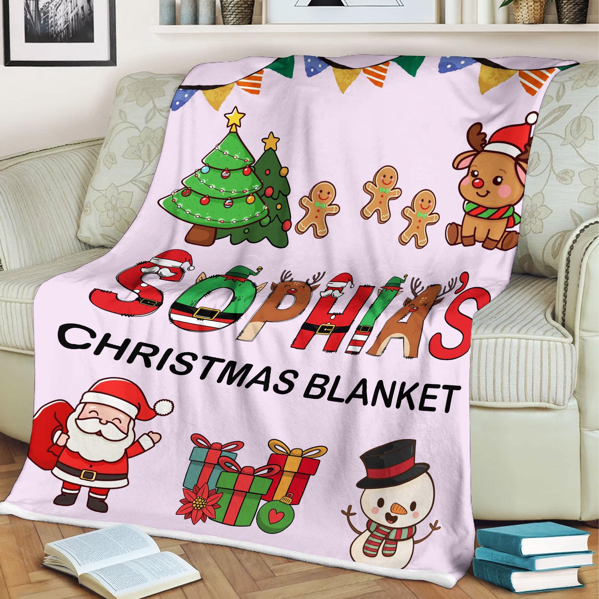 Personalized Christmas Sherpa Blanket With Kid&#39;s Name, Baby Blanket, Christmas Gifts For Kid, Christmas Blanket for Kids, Kids Santa Blanket
