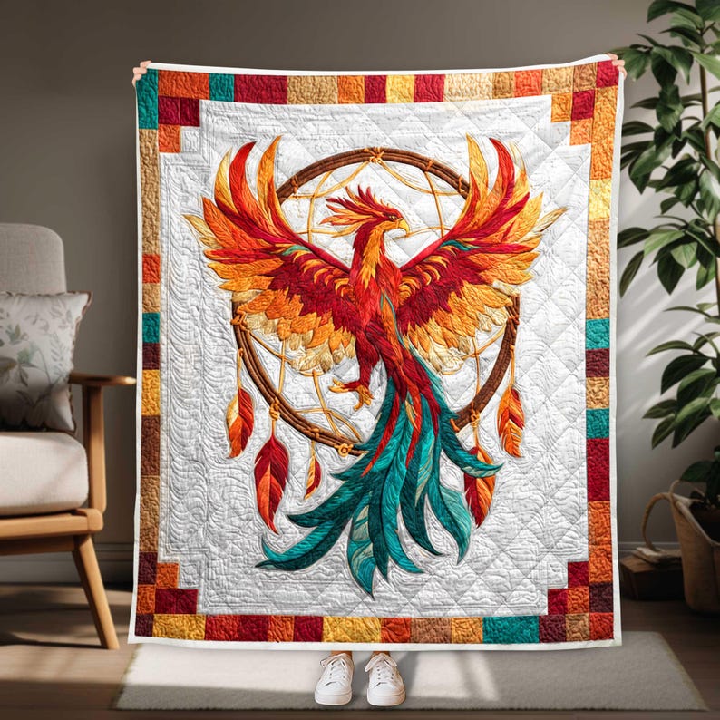 May include: A quilted blanket featuring a vibrant phoenix design. The bird is depicted with red, orange, and teal feathers, set against a white background. A dreamcatcher is behind the phoenix. The border has a patchwork design with squares of various colors.
