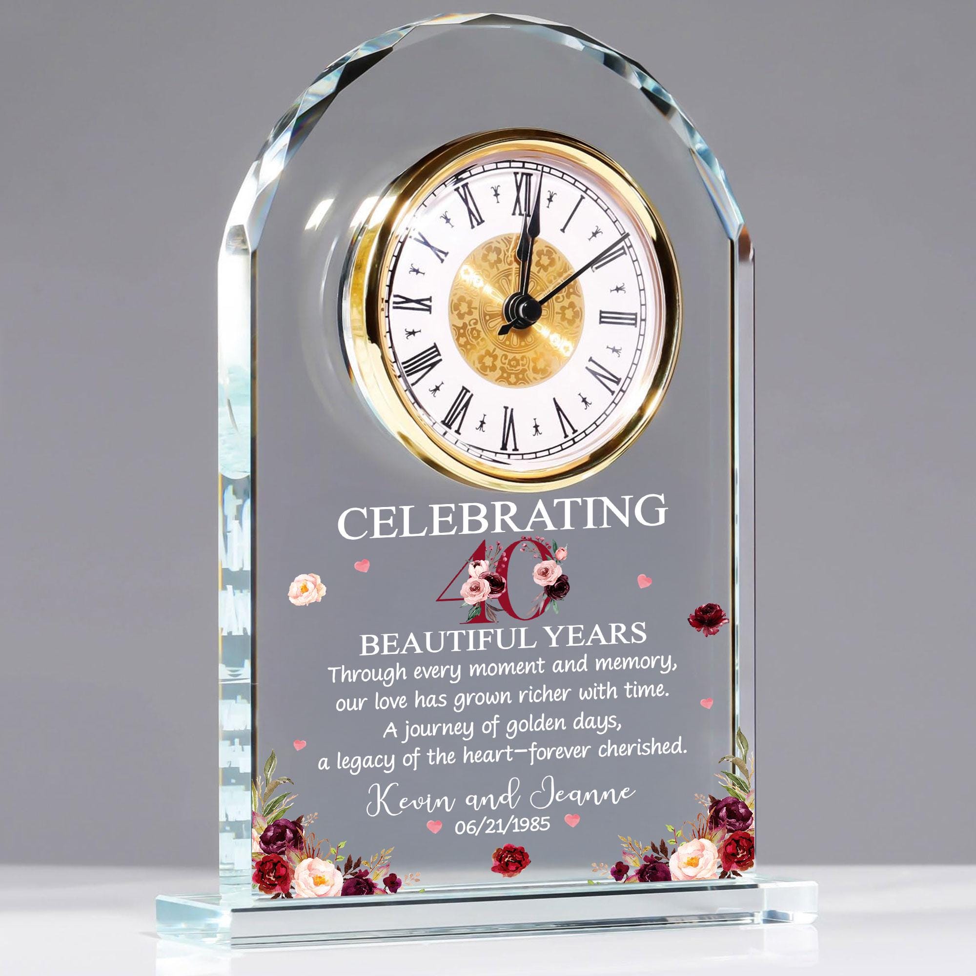 Personalized 40th Wedding Anniversary Acrylic Desk Table Clock, 40 Ruby Wedding Gifts For Parents, Grandparents, Ruby 40 Anniversary Clock