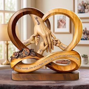 Personalized Faux Wood Mom Holds Kids' Hands Infinity Acrylic Block, Mother’s Day Gift, Meaningful Family Decor, Hands Plaque Decor Home