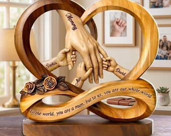 Gepersonaliseerde imitatiehout moeder houdt kinderhanden oneindig acrylblok, Moederdagcadeau, betekenisvol familiedecor, decor handen plaquette thuis
