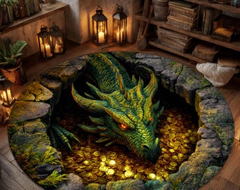 Printed Faux 3D Dragon Protects Treasure Rug, Optical Illusion Coin Cave Carpet, Fantasy Dragon Round Floor Mat, Cool Gamer Room Decor Gift