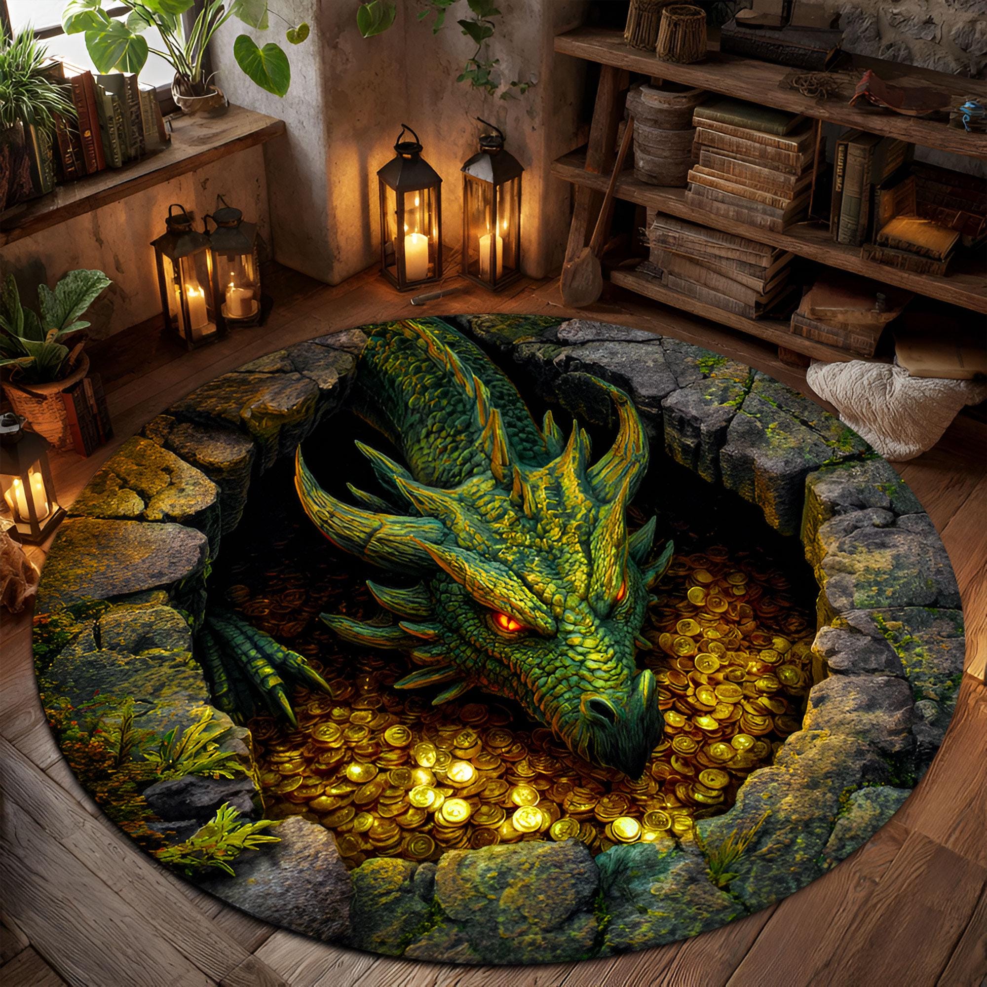Printed Faux 3D Dragon Protects Treasure Rug, Optical Illusion