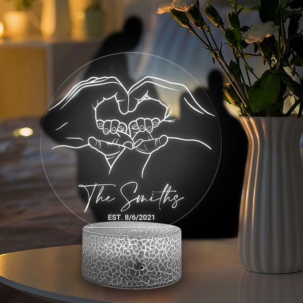 Personalized Family Hands Acrylic Lamp, Valentine Gifts, Custom Gifts For Husband, Wife, Anniversary Gifts, Mom, Dad, Kids Heart Hands Lamp