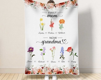 Personalized First Mom now Grandma With Children and Grandkids Name Blanket, Birth Month Flowers Grandma Blanket,  Mothers Day Gift