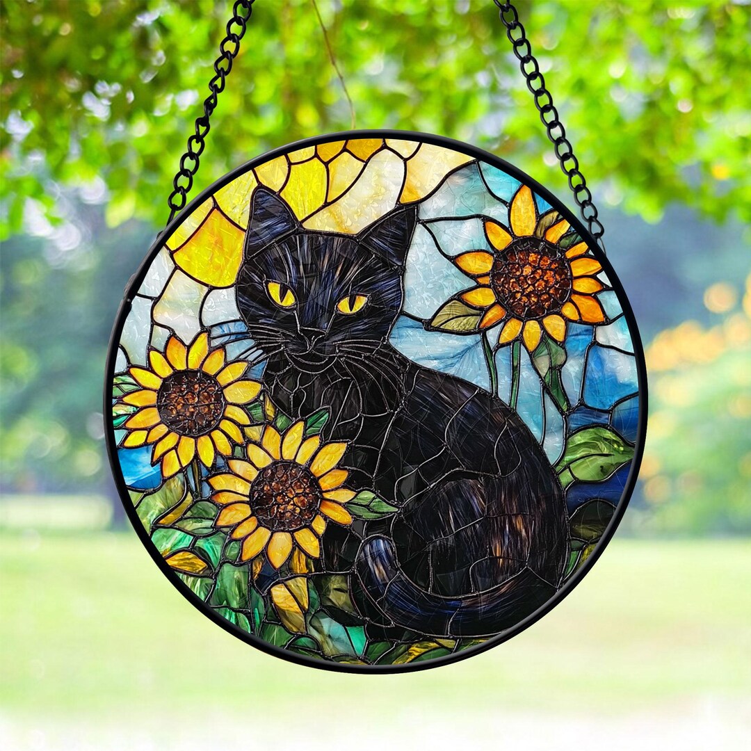 Black Cat and Sunflowers Faux Stained Glass Suncatcher, Gothic Window ...