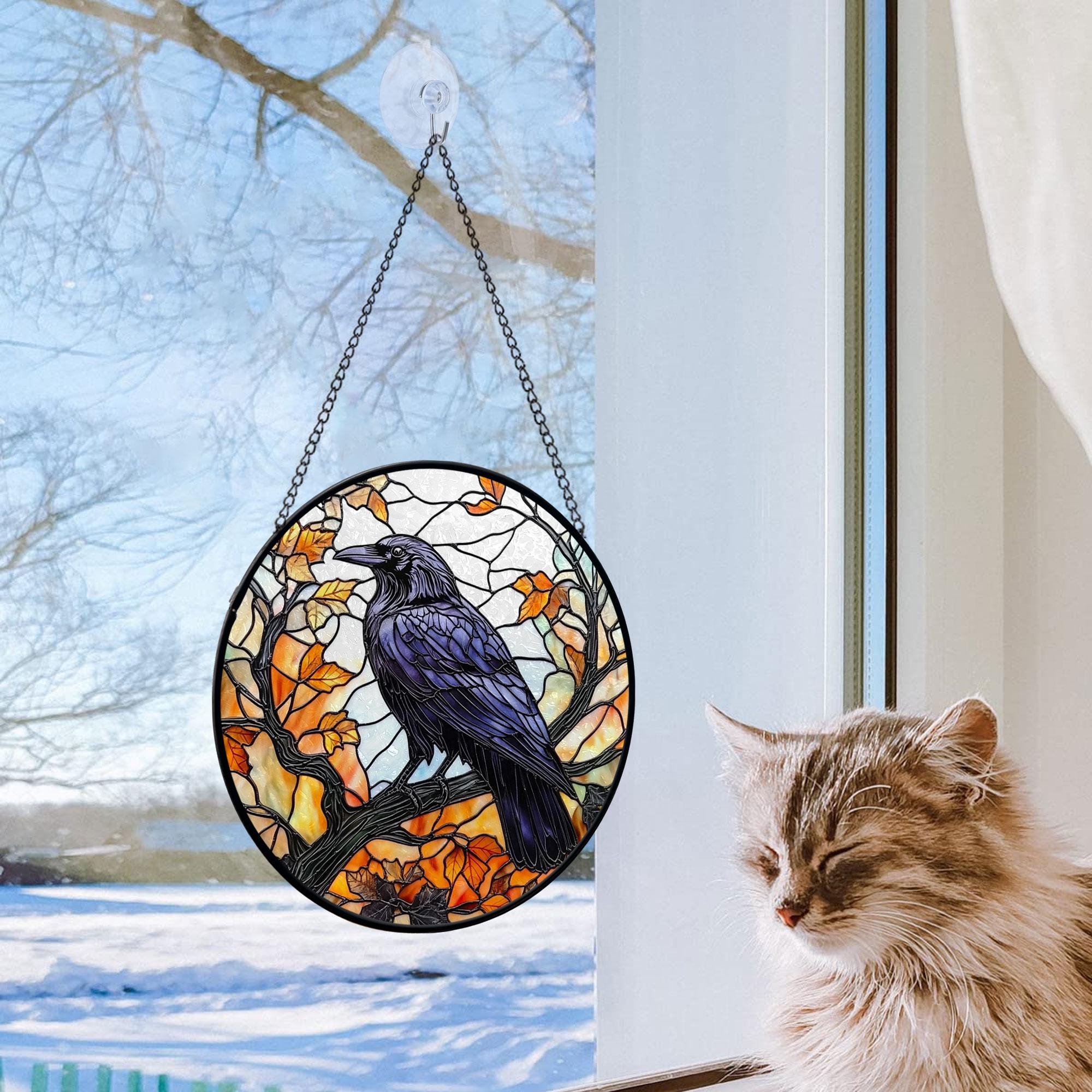 Buntglas-Krähe Auf Mond Fensterbehang | Gothic-Deko, Handgefertigt, Halloween, Sonnenfänger