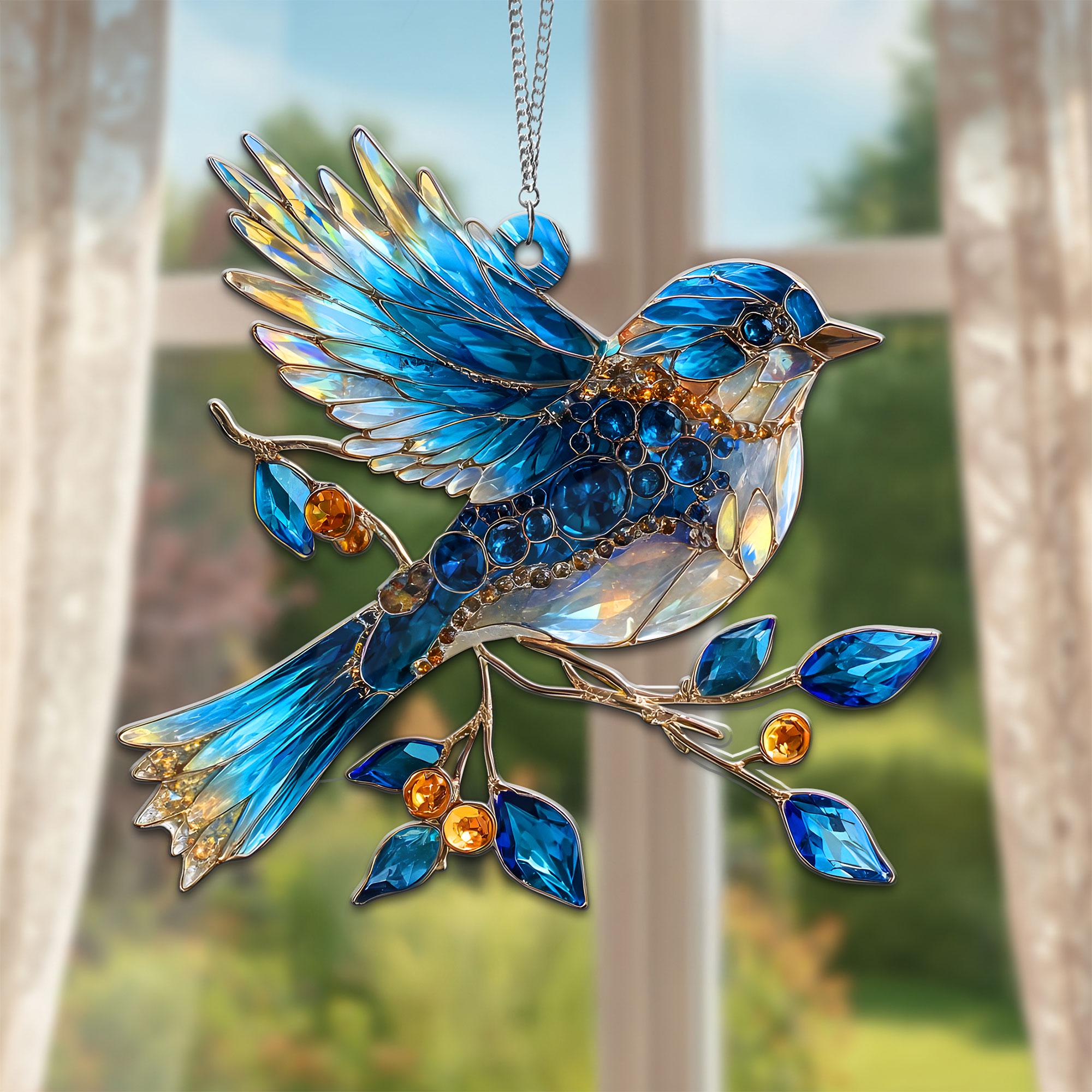 青い鳥のフェイクステンドグラス - アクリル製サンキャッチャー、青い