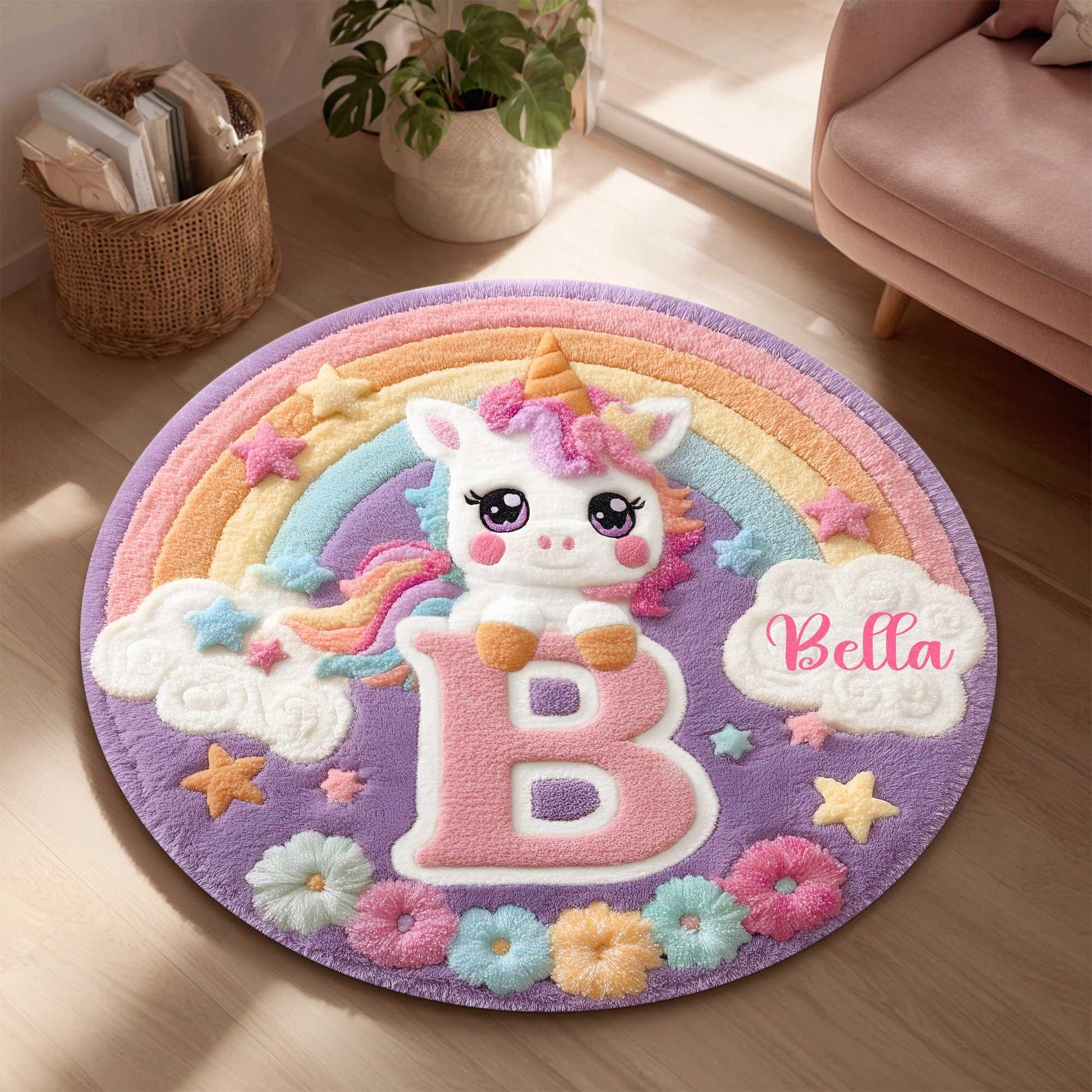 Personalized Unicorn Round Rug for Girls, Cute Rainbow Nursery Rug With ...