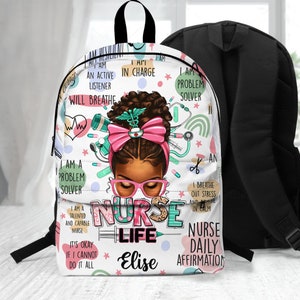 Personalisierter Krankenschwester-Rucksack für die Arbeit, benutzerdefinierter Rucksack für schwarze Krankenschwester, RN LPN-Krankenpflegeschultasche, Afro-Krankenschwester-Rucksack, schwarze Frauentaschen