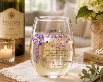 Gepersonaliseerde schoondochter wijnglas, aangepaste naam cadeau voor schoondochter, bedankt dat je van mijn zoon houdt cadeau, cadeau-idee voor familie