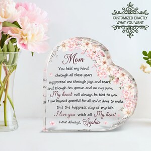 Texte personnalisé et fleurs maman cadeau coeur plaque acrylique, cadeaux personnalisés pour la fête des mères de la fille, cadeau pour maman, cadeaux d'anniversaire