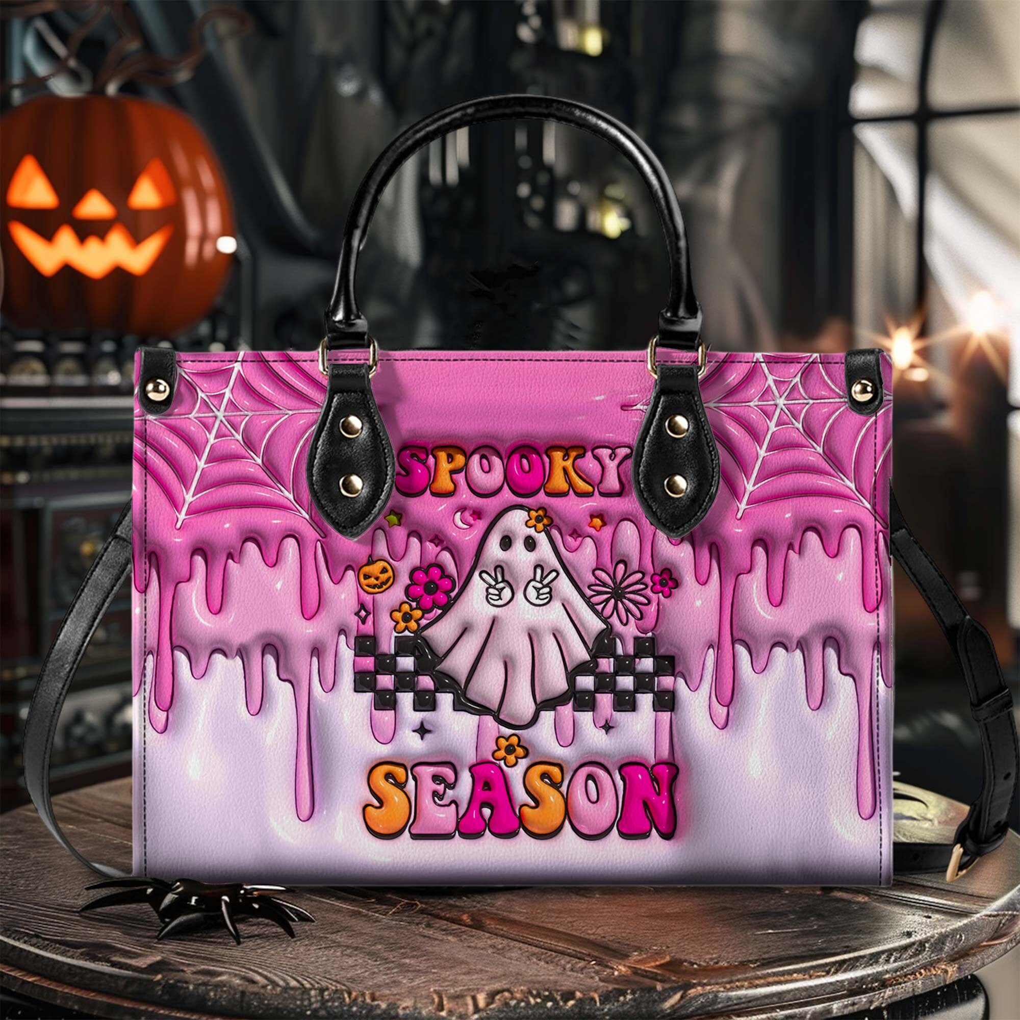 Discover Spooky Vibe Print 3D Effect Leather Handbag With Handle, Ghost Pumpkin Bags, Wallet, Print 3D Halloween Bags, Trick Or Treat Halloween Bags