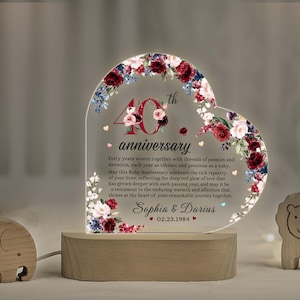 Lampada con base in legno per il 40° anniversario, regali per il 40° anniversario di matrimonio, regali di nozze con rubino, regali per il 40° anniversario per i genitori
