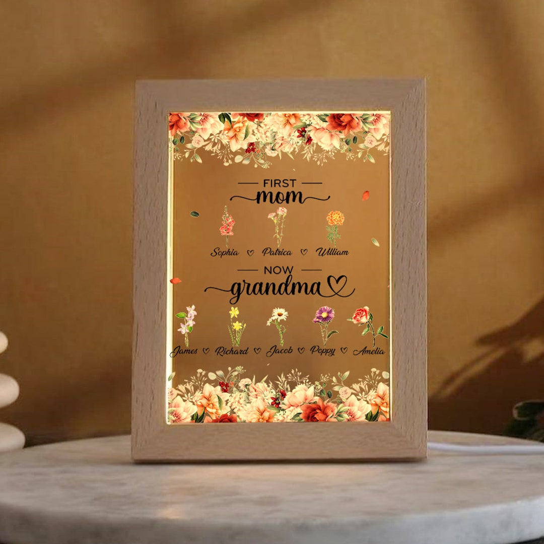 Personalized First Mom Now Grandma Frame Lamp, Birth Month Flowers Gift ...
