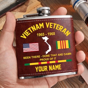 Personalized Vietnam Veteran Leather Flask, Proudly Served Military Veteran Flask, Father's Day Gift For Grandpa, Military Leather Hip Flask